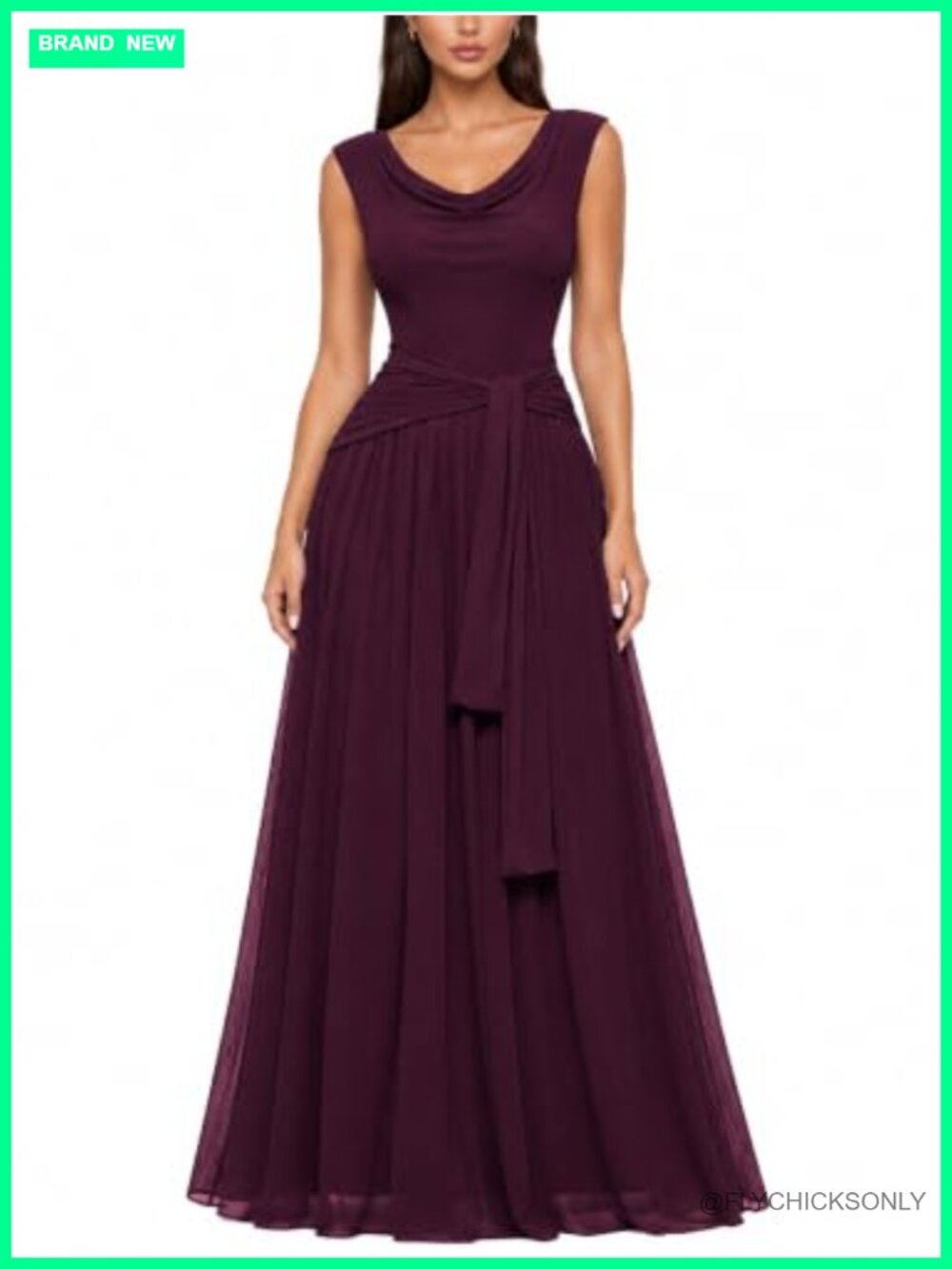 Cowl Neck Ruched Waist Tie Mesh Maxi Formal Dress
